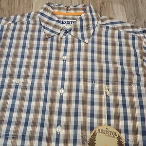 NWOT Resistol Mens Large Blue‎ Brown Checked Short Sleeve Western Style Shirt